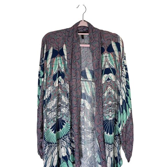 BCBGMaxazria Blue Print Boho Hi-Low Cutout Wing Sleeves Kimono Cardigan Size XS - Picture 2 of 9